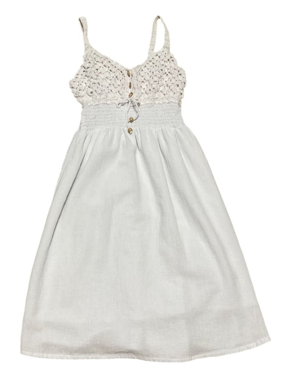 Lesly Boho Crochet Top Gauze Sundress Sz M Button Details Smocked Waist Womens